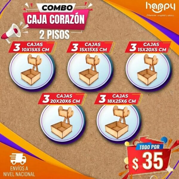 Combo-Caja-Corazon-2-Pisos-MDF-Surtido Combo Cajas Corazón 2 Pisos MDF Happy Day Arreglos Florales San Valentín