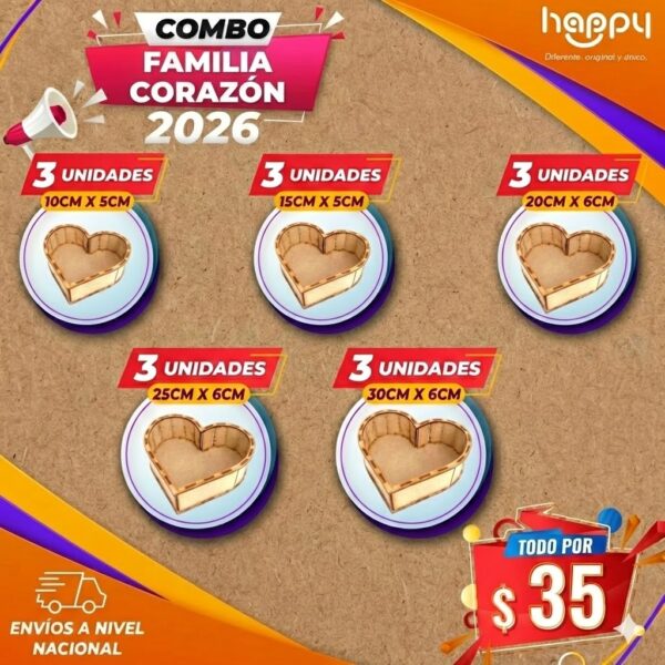 Combo-Familia-Corazon-MDF-2026-Surtido Combo Familia Cajas Corazón MDF Surtidas Happy Day San Valentín Arreglos