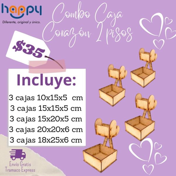 Combo Cajas Corazón 2 Pisos - Combos de cajas de MDF Happy day