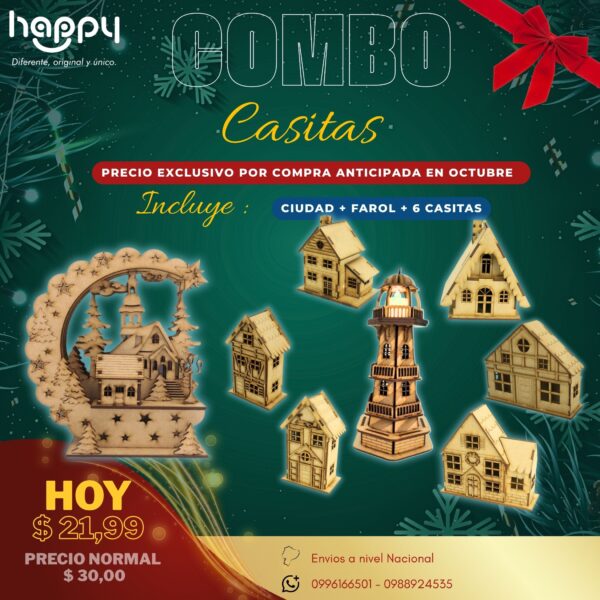 Combo Casitas Navideñas con farol y ciudad en MDF