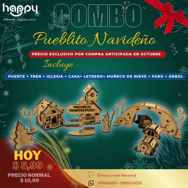Mini Pueblito Navideño con tren y puente en MDF