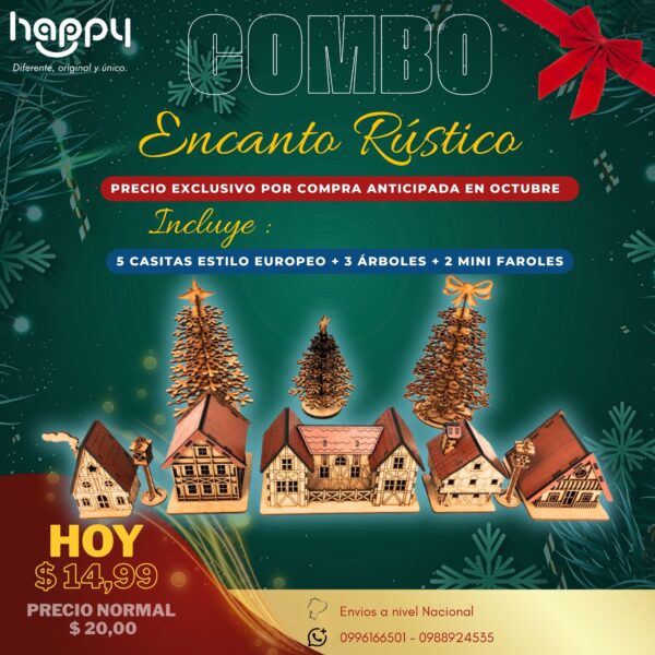 Combo Encanto Rústico con casitas europeas y árboles