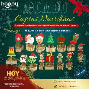 Cajitas navideñas coloridas en MDF con personajes