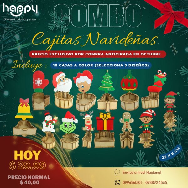 Combo Cajitas Navideñas a Color – Happy Day Cajitas navideñas coloridas en MDF con personajes